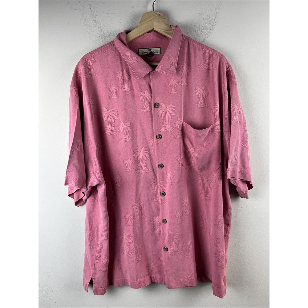Tommy Bahama Men's XL Pink Palm Tree 100% Silk Camp Shirt Short Sleeve Button Up